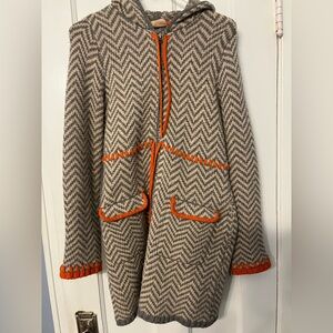 Boho Lambswool Herringbone Hooded Coat Orange Trim Nordic Style Sparrow Small